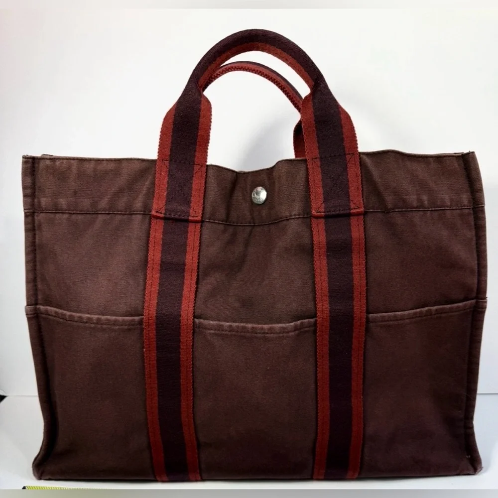 Hermes Brown Canvas Tote with Red and Burgundy Straps